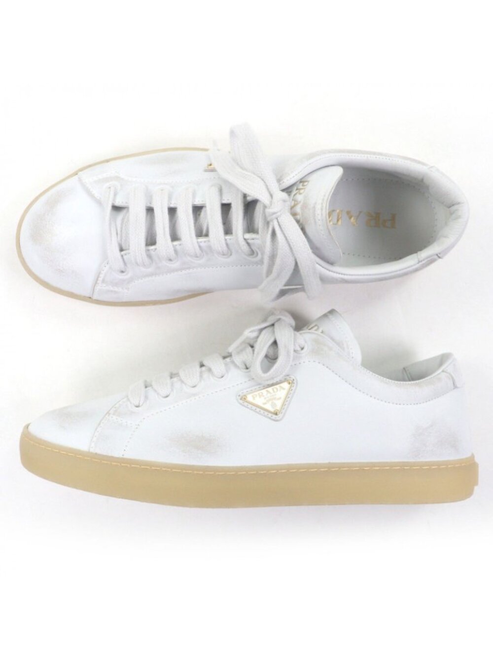 Prada Triangle Logo Distressed Low Cut Sneakers Leather Shoes White 7.5 - Picture 4 of 9